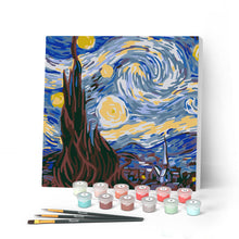 Afbeelding in Gallery-weergave laden, Mini Peinture par Numéros petit format 20x20cm avec cadre Van Gogh Nuit Etoilée