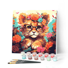 Afbeelding in Gallery-weergave laden, Mini Schilderen op Nummer met Frame - Fantasie leeuwenwelp en bloemen