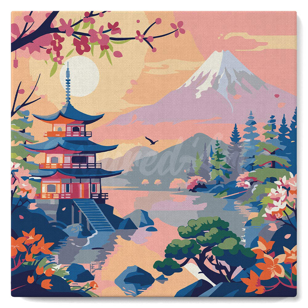 Mini Schilderen op Nummer met Frame - Pagode en Mount Fuji