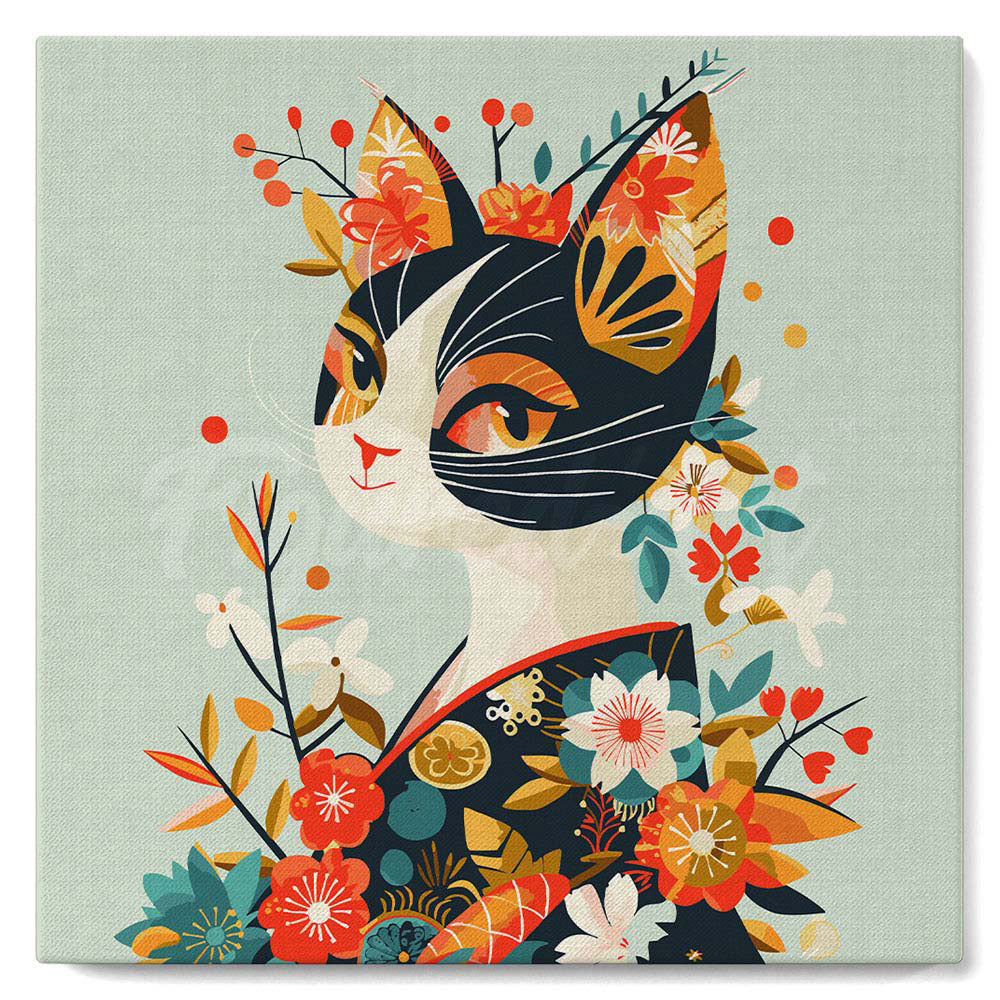 Mini Schilderen op Nummer met Frame - Floral Kat in Kimono