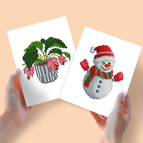 Mini Diamond Painting 15x20cm (2 stuks) - Plant in Pot en Sneeuwpop