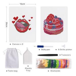 Mini Diamond Painting 15x20cm (2 stuks) - Rode Lippen en Taart met Bessen