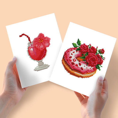 Mini Diamond Painting 15x20cm (2 stuks) - Milkshake en Taart