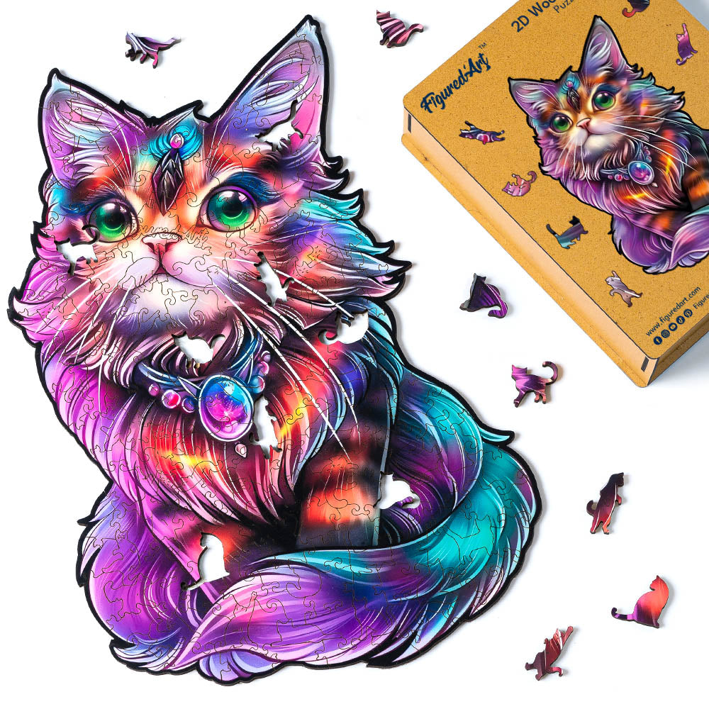 Houten Puzzel volwassenen - Kleurrijke Kat met Edelsteen