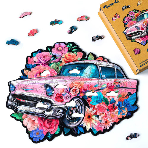 Houten Puzzel volwassenen - Vintage Bloemenauto