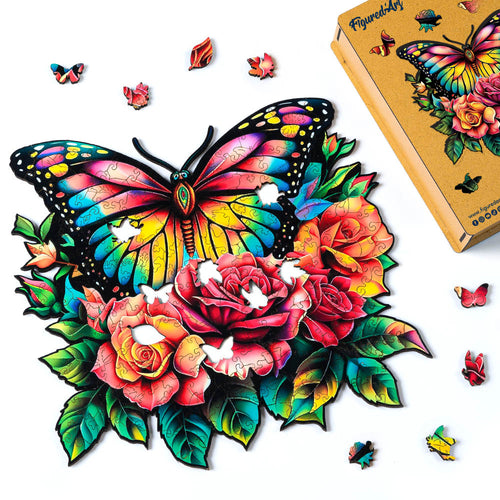 Houten Puzzel volwassenen - Vlinder en Rozen