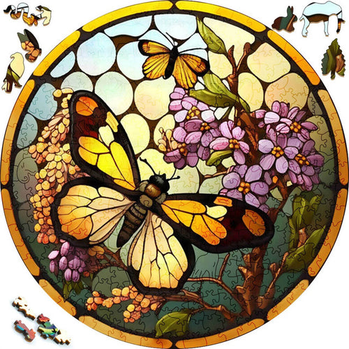 Houten Puzzel - Vlinders en Bloemige Plant