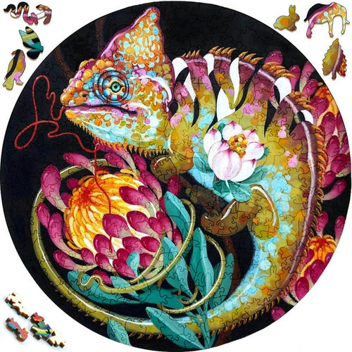 Houten Puzzel - Kameleon en Bloemen