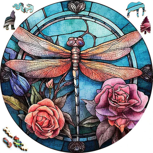 Houten Puzzel - Libelle en Rozen