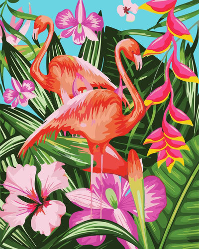 Schilderen op Nummer - Flamingo's en grote bladeren