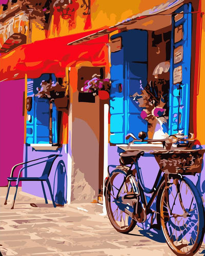 Schilderen op Nummer - Fiets bij het café
