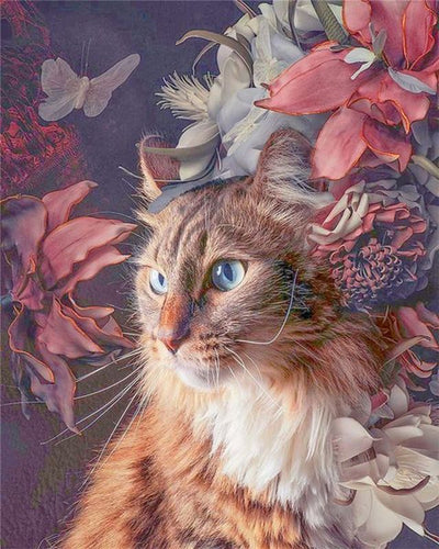 Schilderen op Nummer - Kat met bloemen en vlinder