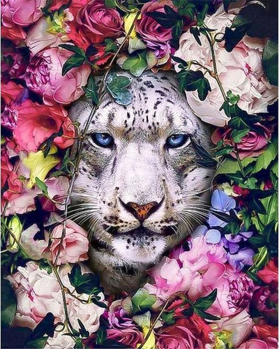 Schilderen op Nummer - Witte tijger tussen de bloemen