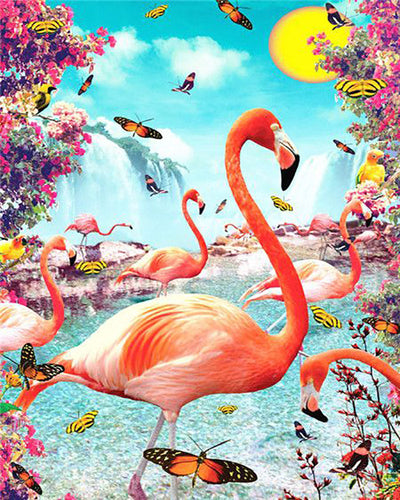 Schilderen op Nummer - Roze flamingo's en vlinders