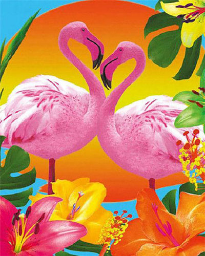 Schilderen op Nummer - Duo van roze flamingo's en bloemen