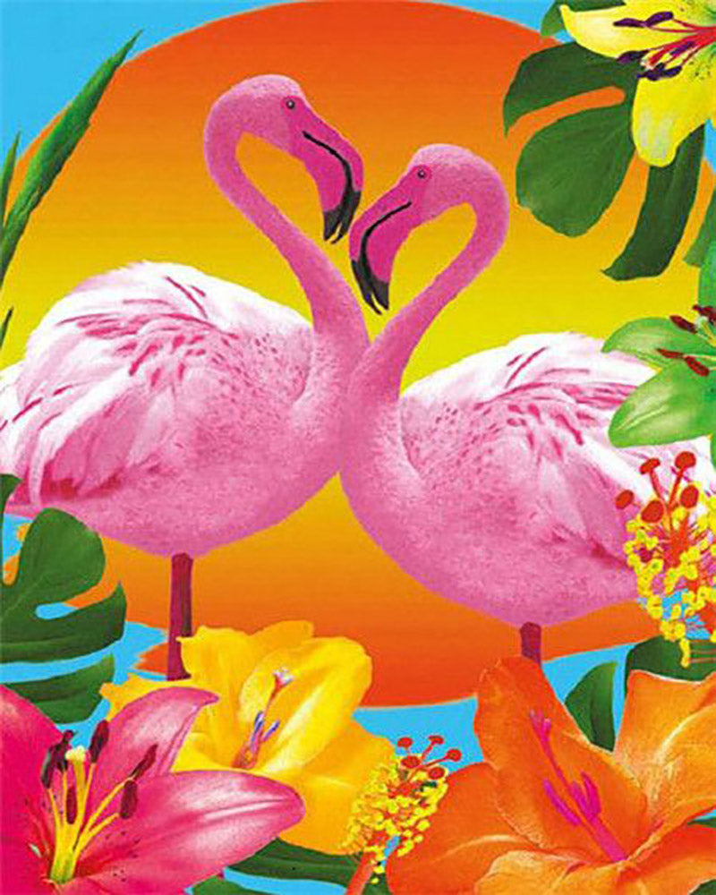 Schilderen op Nummer - Duo van roze flamingo's en bloemen