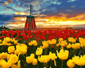 Schilderen op Nummer - Molen en rode en gele tulpen