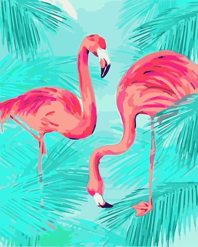 Schilderen op Nummer - Duo van roze flamingo's en gebladerte