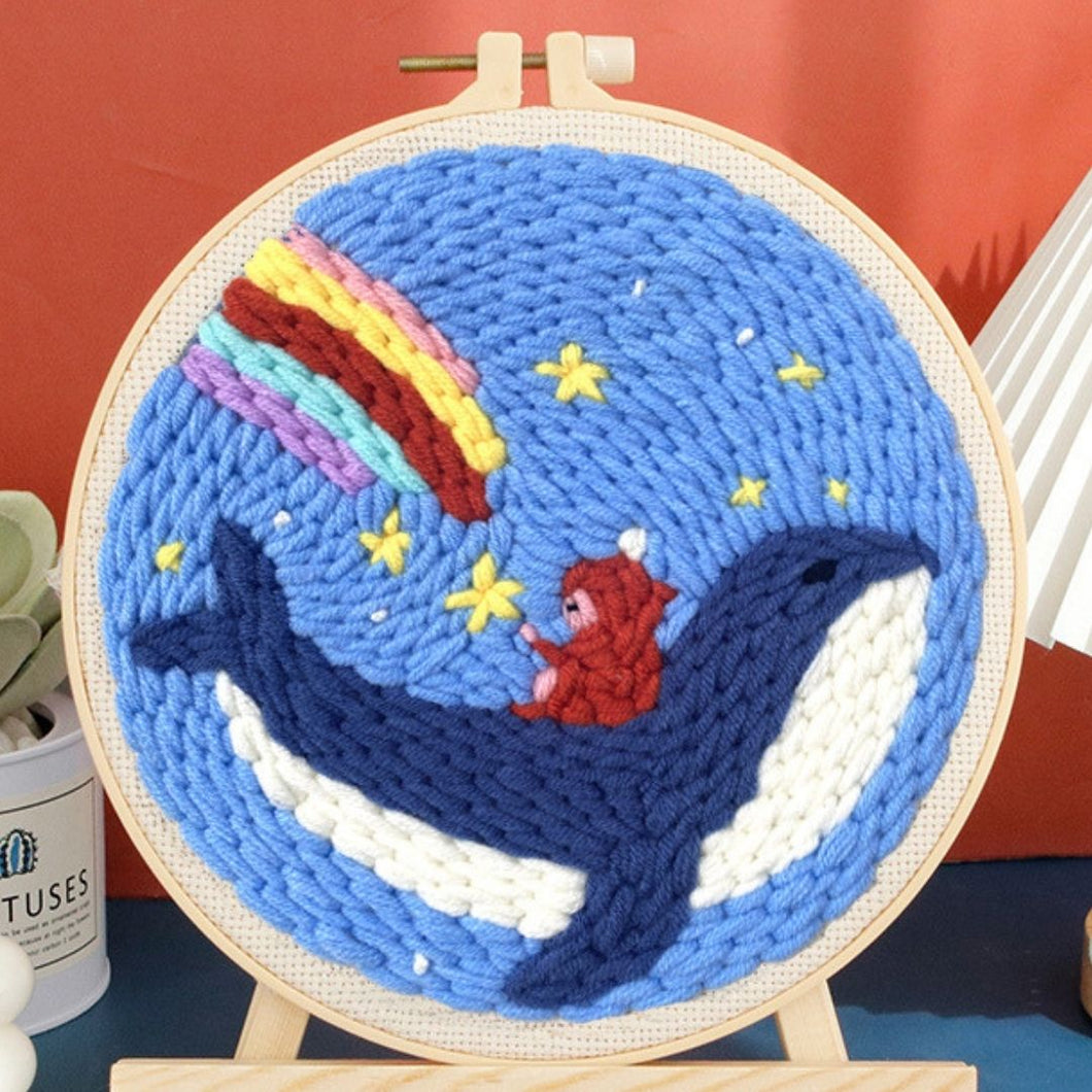 Punch Needle pakket Meisje en een walvis met een regenboog