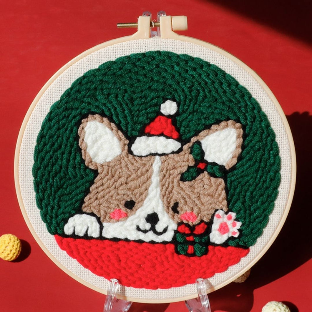 Punch Needle pakket Hond met kerstmuts