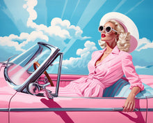 Afbeelding in Gallery-weergave laden, Diamond Painting - Diva in een Roze Retro Auto 40x50cm reeds ingelijst