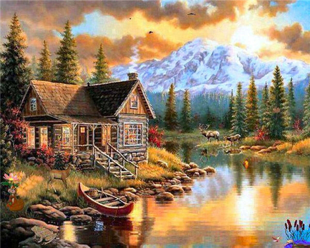 Diamond Painting - Berghuis bij de rivier