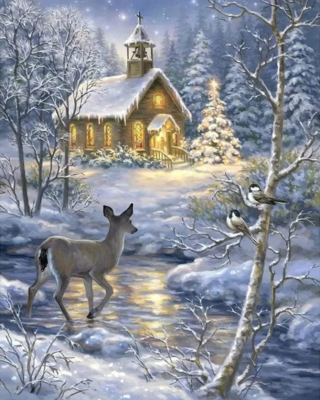 Diamond Painting - Eenden steken de rivier over in de winter