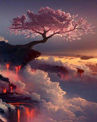 Diamond Painting - Roze Boom en Wolken
