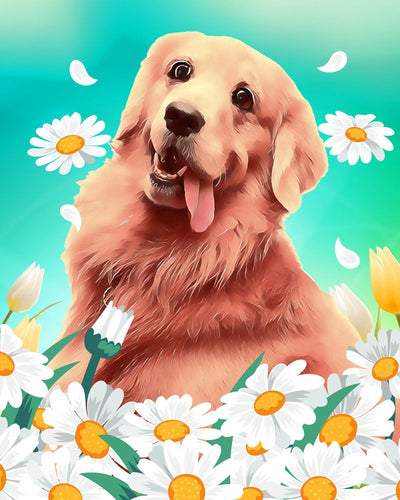 Schilderen op Nummer Golden Retriever spelend in de bloemen Figured'Art eenvoudig nieuwkomers dieren honden bloemen
