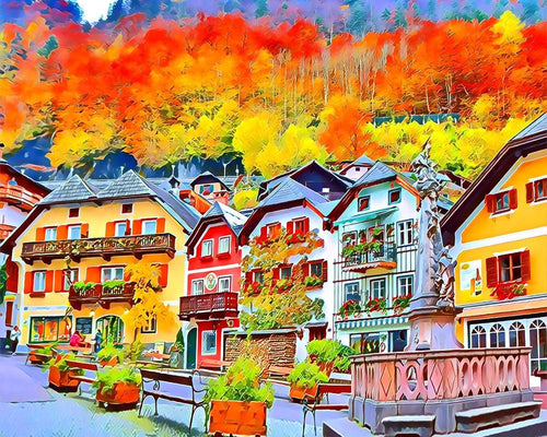 Kruissteek borduren - Kleurrijk Zwitsers dorp