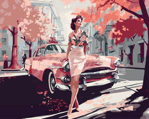 Schilderen op Nummer - Dame en Roze Klassieke Auto