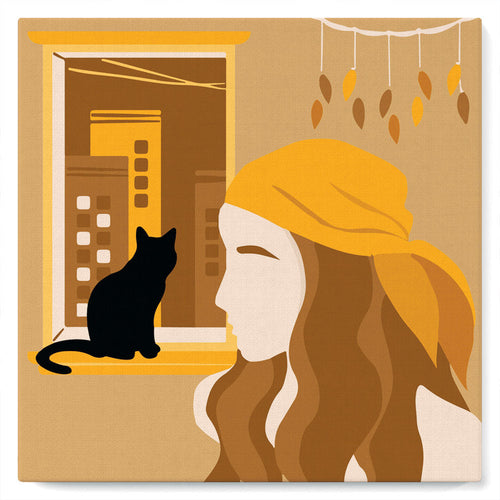 Mini Peinture par Numéros petit format 20x20cm avec cadre Femme et son Chat à la Fenêtre