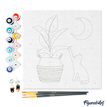Afbeelding in Gallery-weergave laden, Mini Schilderen op Nummer met Frame - Kitten en planten in het maanlicht