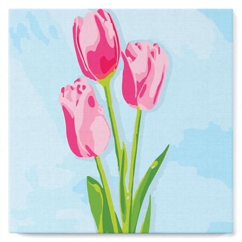 Mini Peinture par Numéros petit format 20x20cm avec cadre Tulipes et Ciel bleu