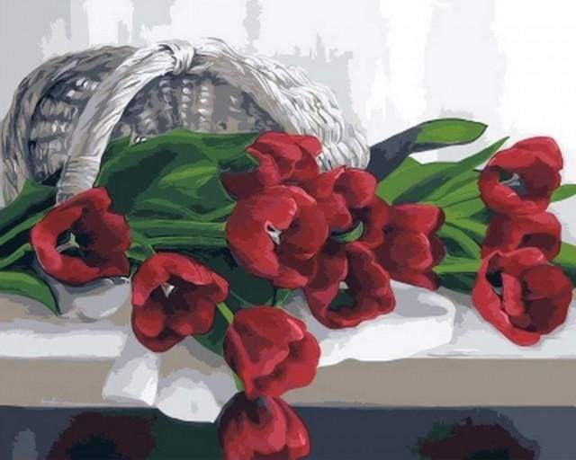 Schilderen op Nummer - Mandje met romantische tulpen