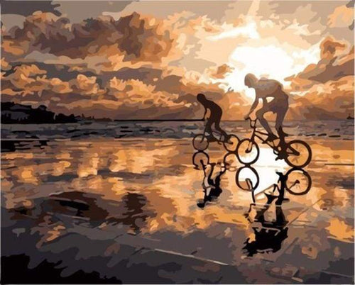 Schilderen op Nummer - Fietsen bij zonsondergang