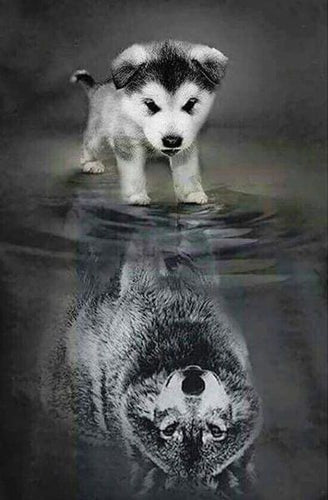 Diamond Painting - Hond en wolf reflectie 40x50cm reeds ingelijst