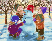 Afbeelding in Gallery-weergave laden, Schilderen op Nummer - Kerst met drie spelende kinderen in de sneeuw