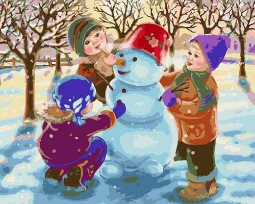 Schilderen op Nummer - Kerst met drie spelende kinderen in de sneeuw