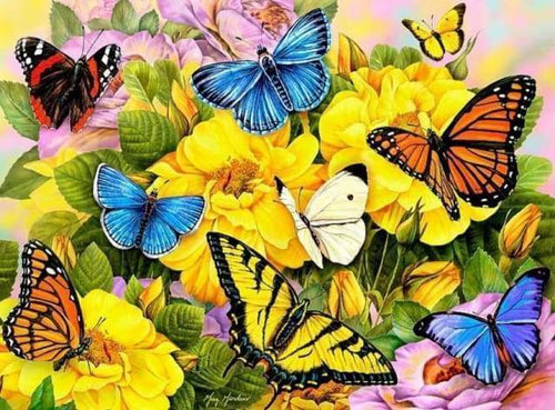 Diamond Painting - Vlinders en gele bloemen dieren, vlinders, Diamond Painting Dieren