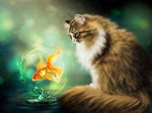 Afbeelding in Gallery-weergave laden, Diamond Painting - Kat en goudvis dieren, katten, Diamond Painting Dieren, vissen