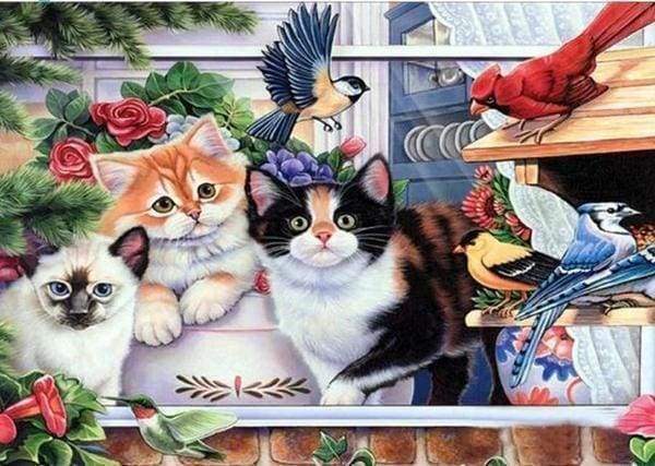 Diamond Painting - Katten en vogels dieren, vogels, katten, Diamond Painting Dieren