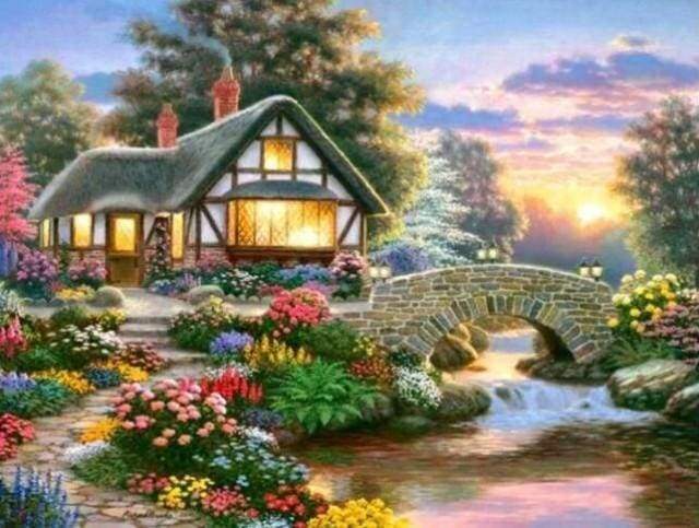 Diamond Painting - Gezellig huis en bloemen Diamond Painting Landschappen, landschappen