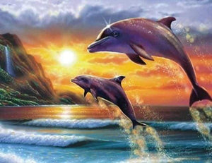 Diamond Painting - Dolfijnen bij zonsopgang dieren, Diamond Painting Dieren, dolfijnen