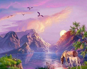 Diamond Painting - Paarden bij het meer dieren, Diamond Painting Dieren, paarden