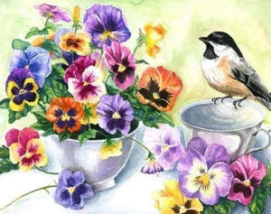 Diamond Painting - Vogeltje en kopje bloemen dieren, vogels, Diamond Painting Dieren, Diamond Painting Bloemen, bloemen