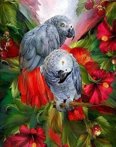 Diamond Painting - Rode en grijze papegaaien dieren, vogels, Diamond Painting Dieren, papegaaien