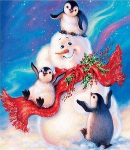 Diamond Painting - Sneeuwpop en pinguïns dieren, Diamond Painting Dieren, winter