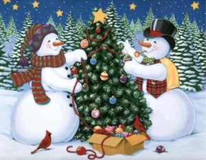 Diamond Painting - Sneeuwmannen en kerstboom dieren, Kerstmis, Diamond Painting Dieren, winter
