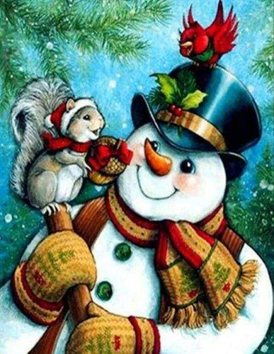 Diamond Painting - Sneeuwmannen en kleine vrienden dieren, Diamond Painting Dieren, winter